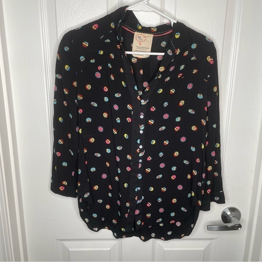 13 of 52 Conversations Anthropologie Button Novelty Print Blouse 6